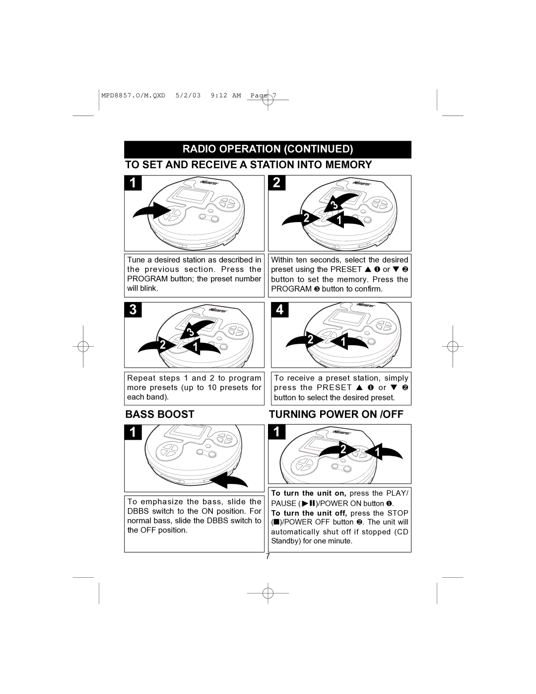 Memorex MPD8857 manual To SET and Receive a Station Into Memory, Bass Boost 