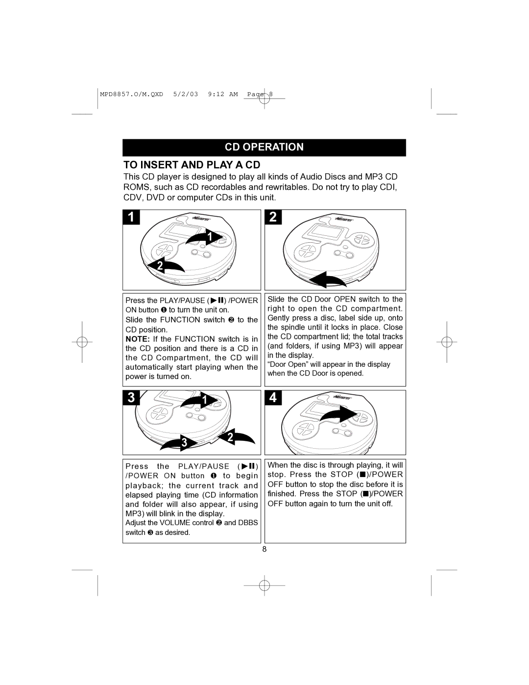 Memorex MPD8857 manual CD Operation, To Insert and Play a CD 