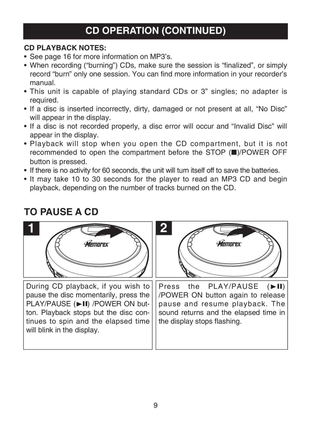 Memorex MPD8859 manual To Pause a CD, CD Playback Notes 