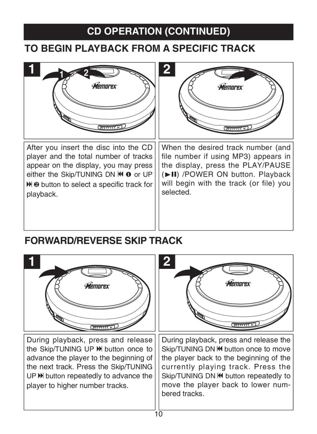 Memorex MPD8859 manual To Begin Playback from a Specific Track, FORWARD/REVERSE Skip Track 