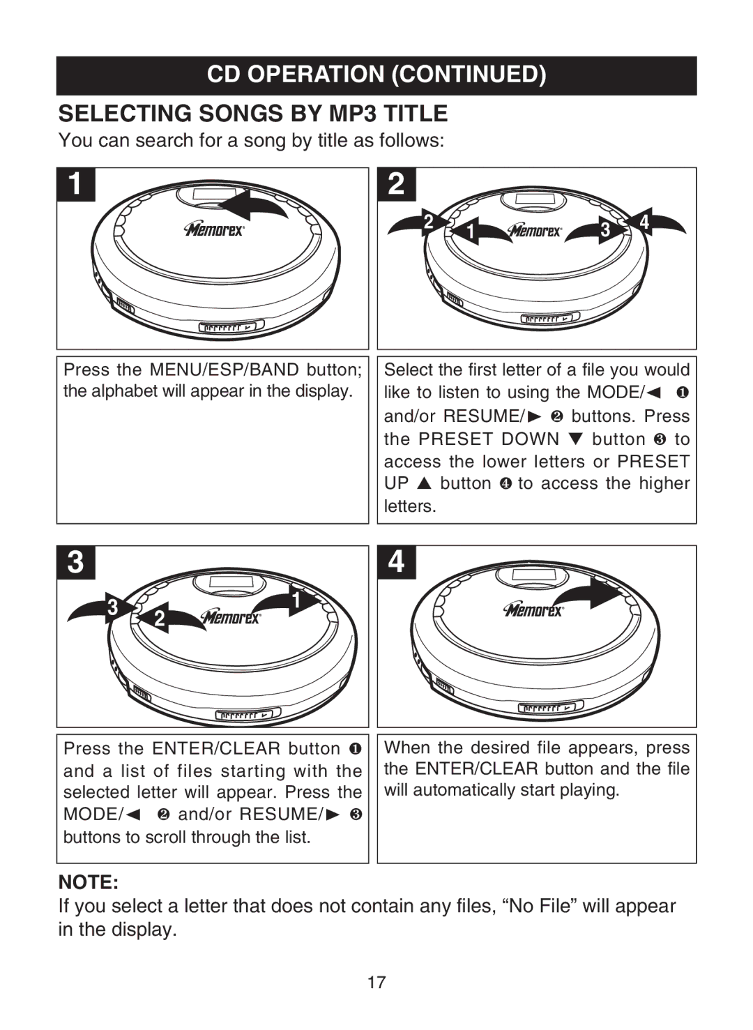 Memorex MPD8859 manual Selecting Songs by MP3 Title, You can search for a song by title as follows 