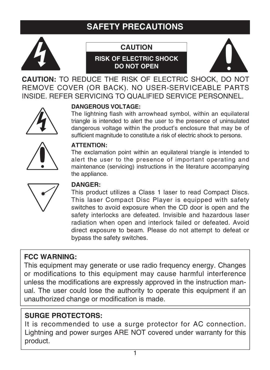 Memorex MPD8859 manual Safety Precautions, Risk of Electric Shock Do not Open 