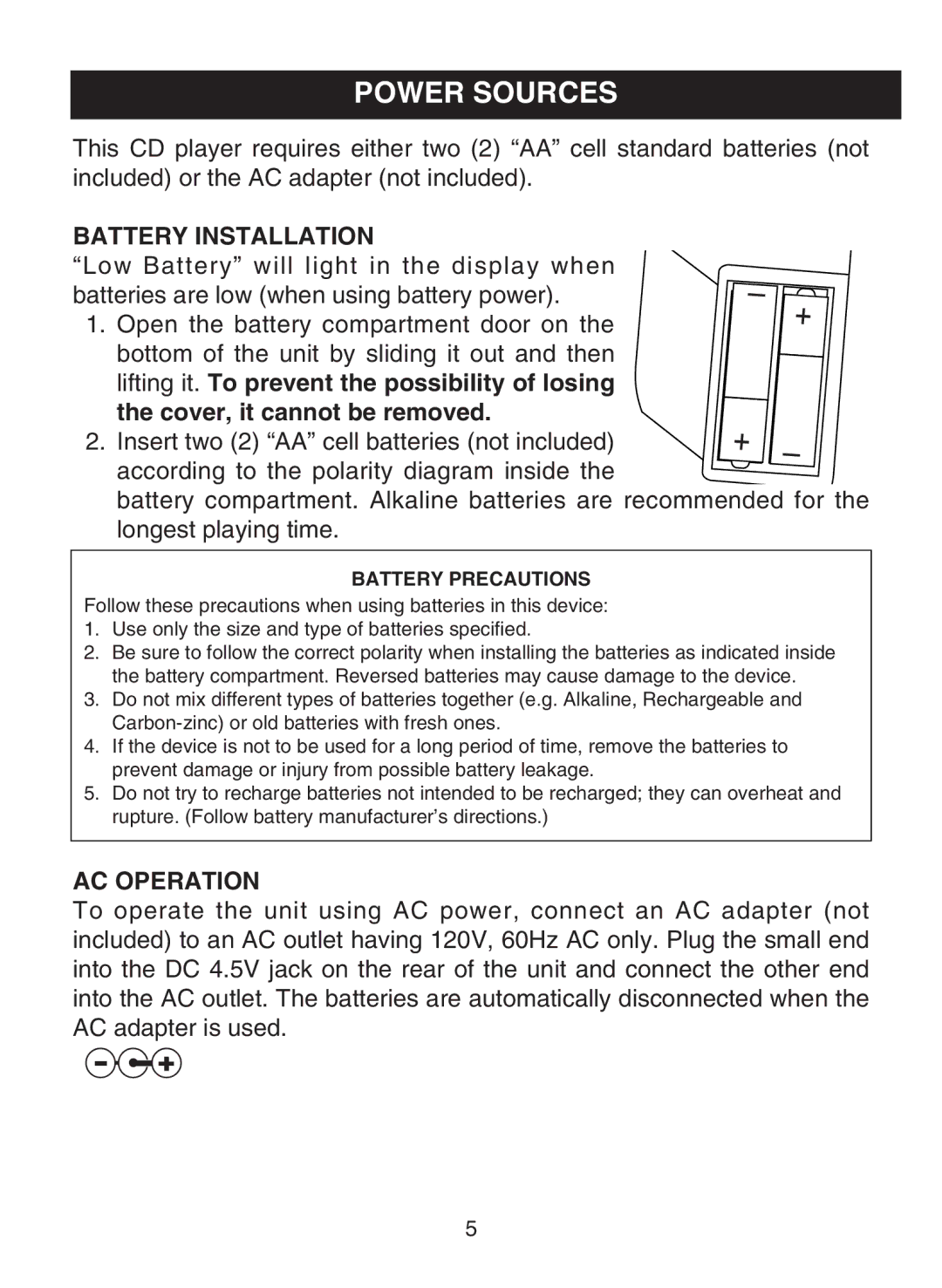 Memorex MPD8859 manual Power Sources, Battery Installation 