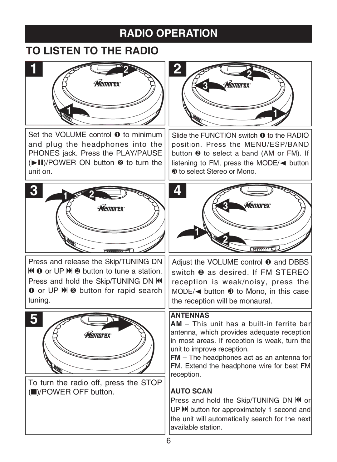 Memorex MPD8859 manual Radio Operation To Listen to the Radio, To turn the radio off, press the Stop /POWER OFF button 