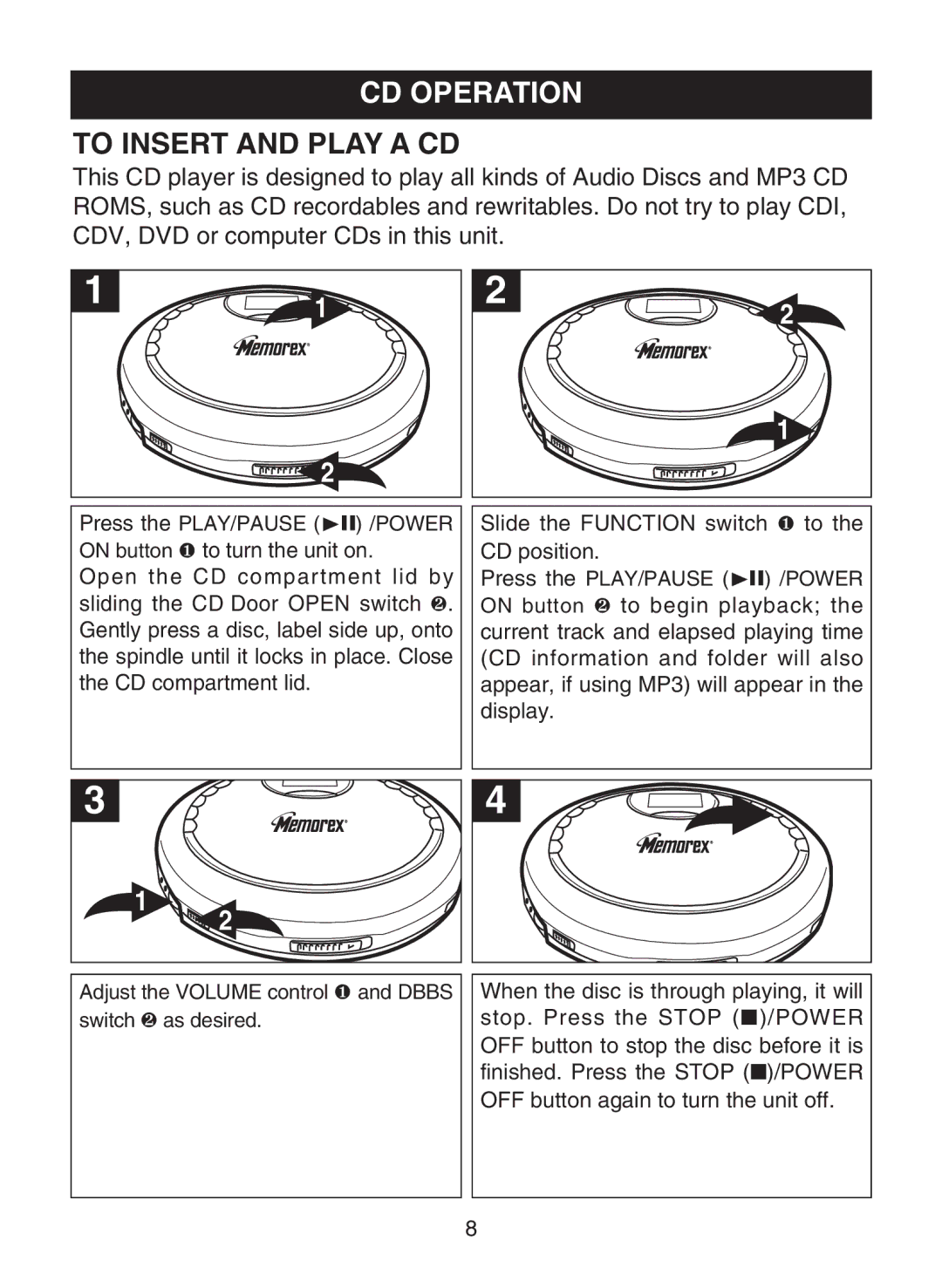 Memorex MPD8859 manual CD Operation, To Insert and Play a CD 