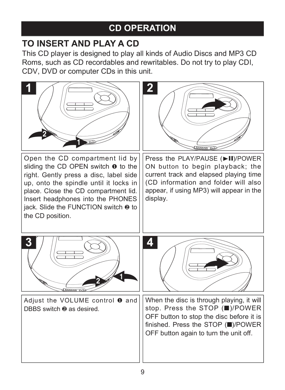 Memorex MPD8860 manual CD Operation, To Insert and Play a CD 