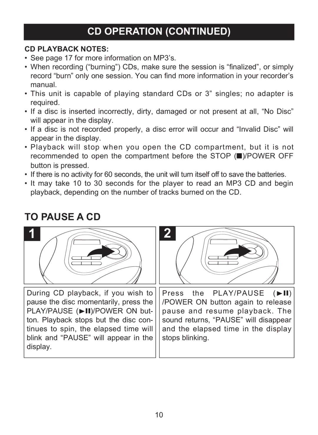 Memorex MPD8860 manual To Pause a CD, CD Playback Notes 