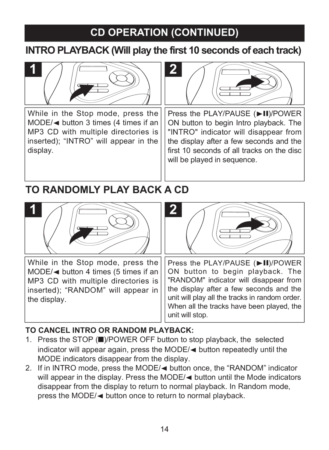 Memorex MPD8860 manual To Randomly Play Back a CD, To Cancel Intro or Random Playback 