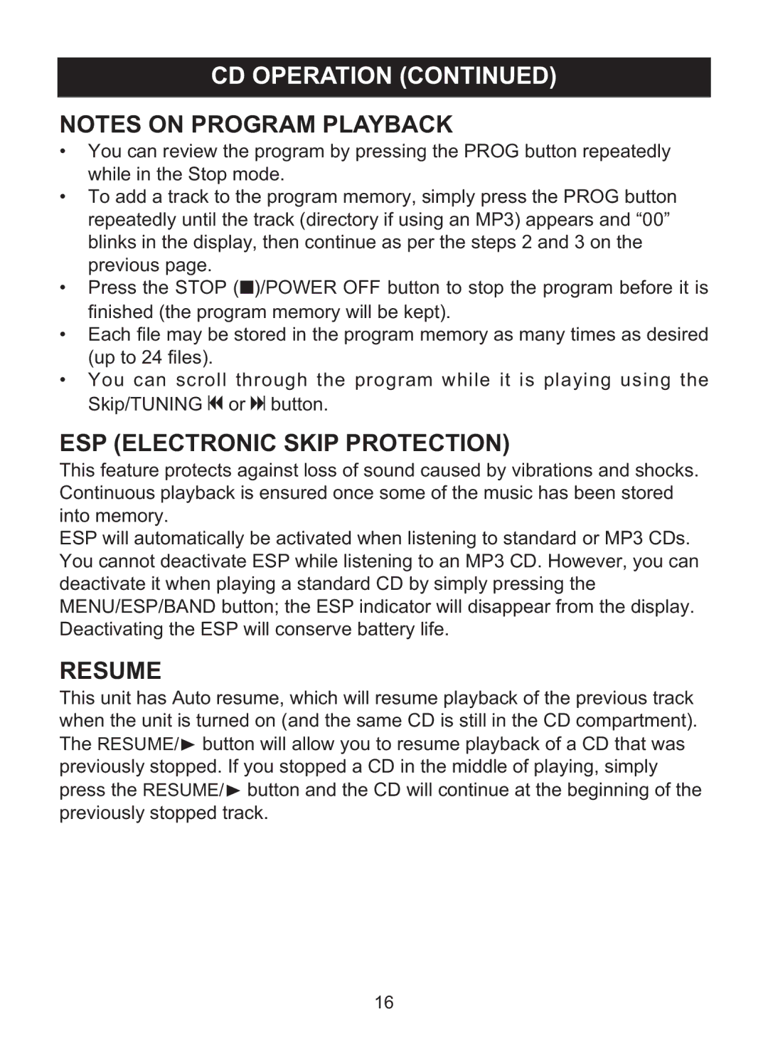 Memorex MPD8860 manual ESP Electronic Skip Protection, Resume 