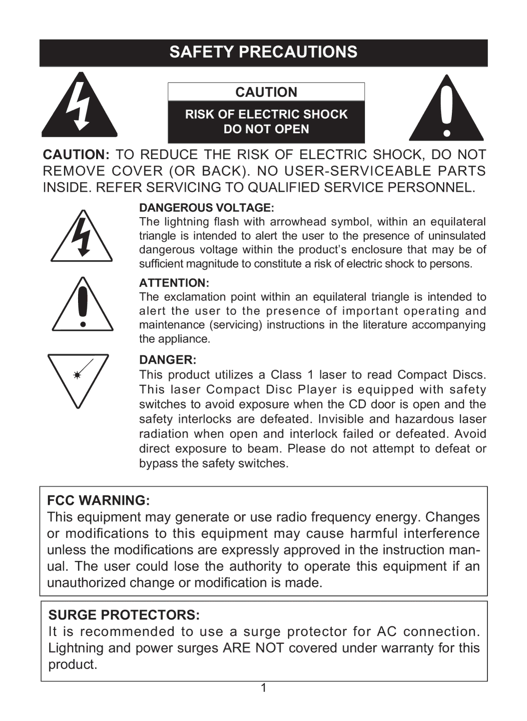 Memorex MPD8860 manual Safety Precautions, Risk of Electric Shock Do not Open 