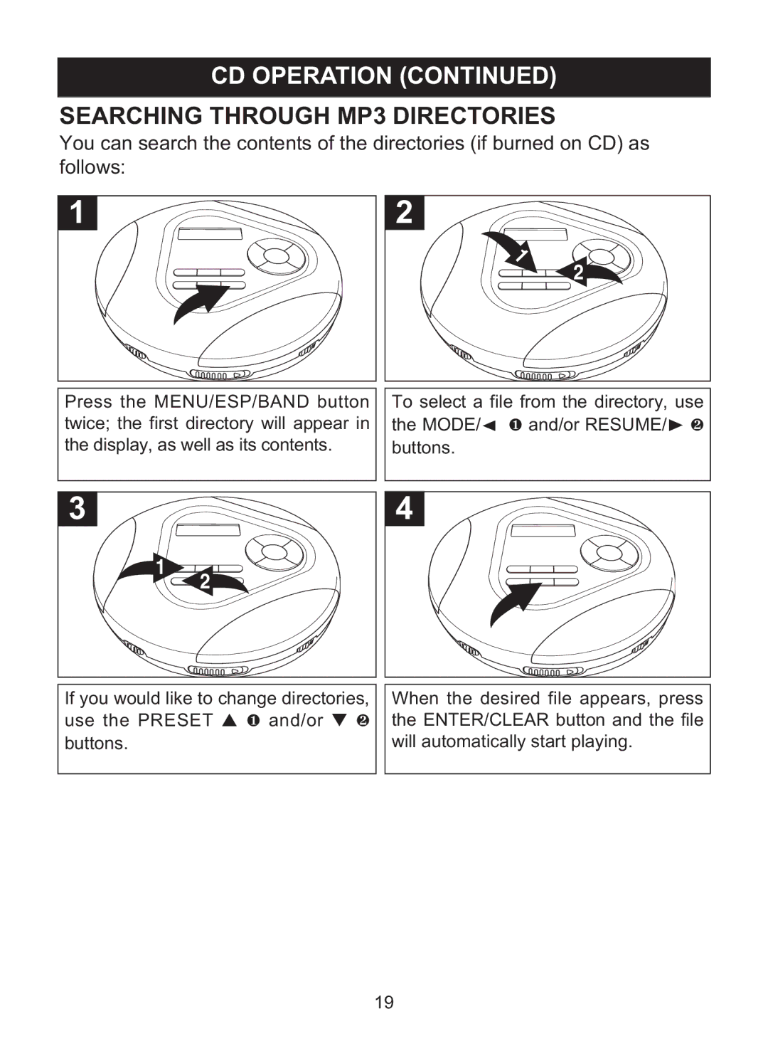 Memorex MPD8860 manual CD Operation Searching Through MP3 Directories 