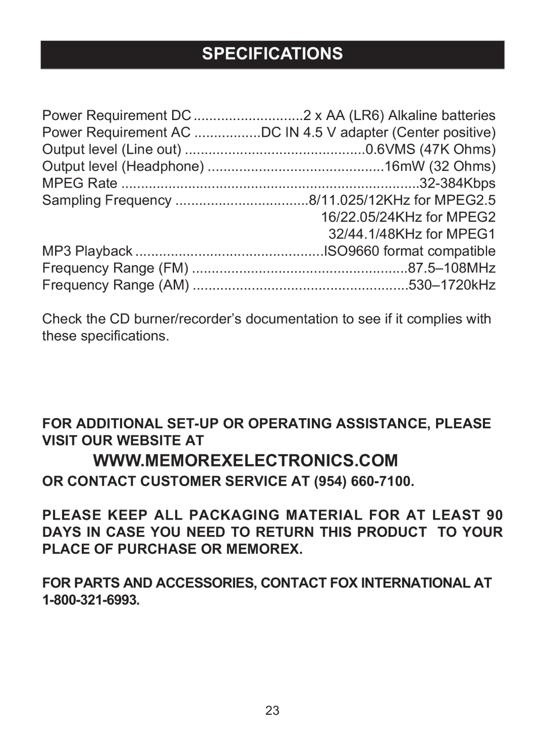 Memorex MPD8860 manual Specifications 