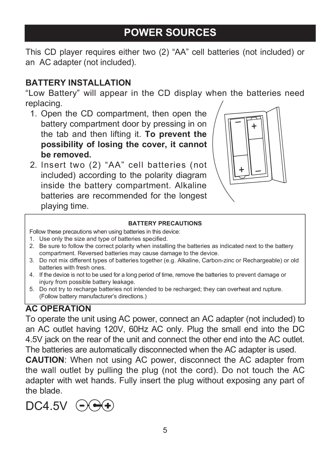 Memorex MPD8860 manual Power Sources, Battery Installation 