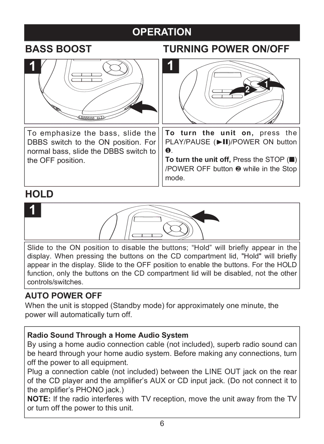 Memorex MPD8860 manual Operation, Bass Boost Turning Power ON/OFF, Hold 