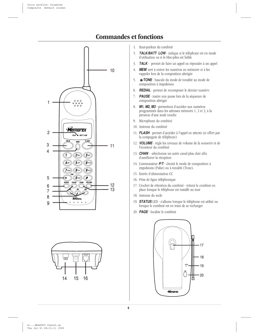 Memorex mph 6955 manual Commandes et fonctions 