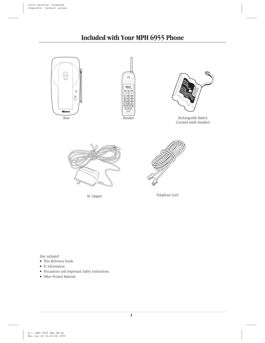 Memorex mph 6955 manual Included with Your MPH 6955 Phone, Base Handset, AC Adapter 