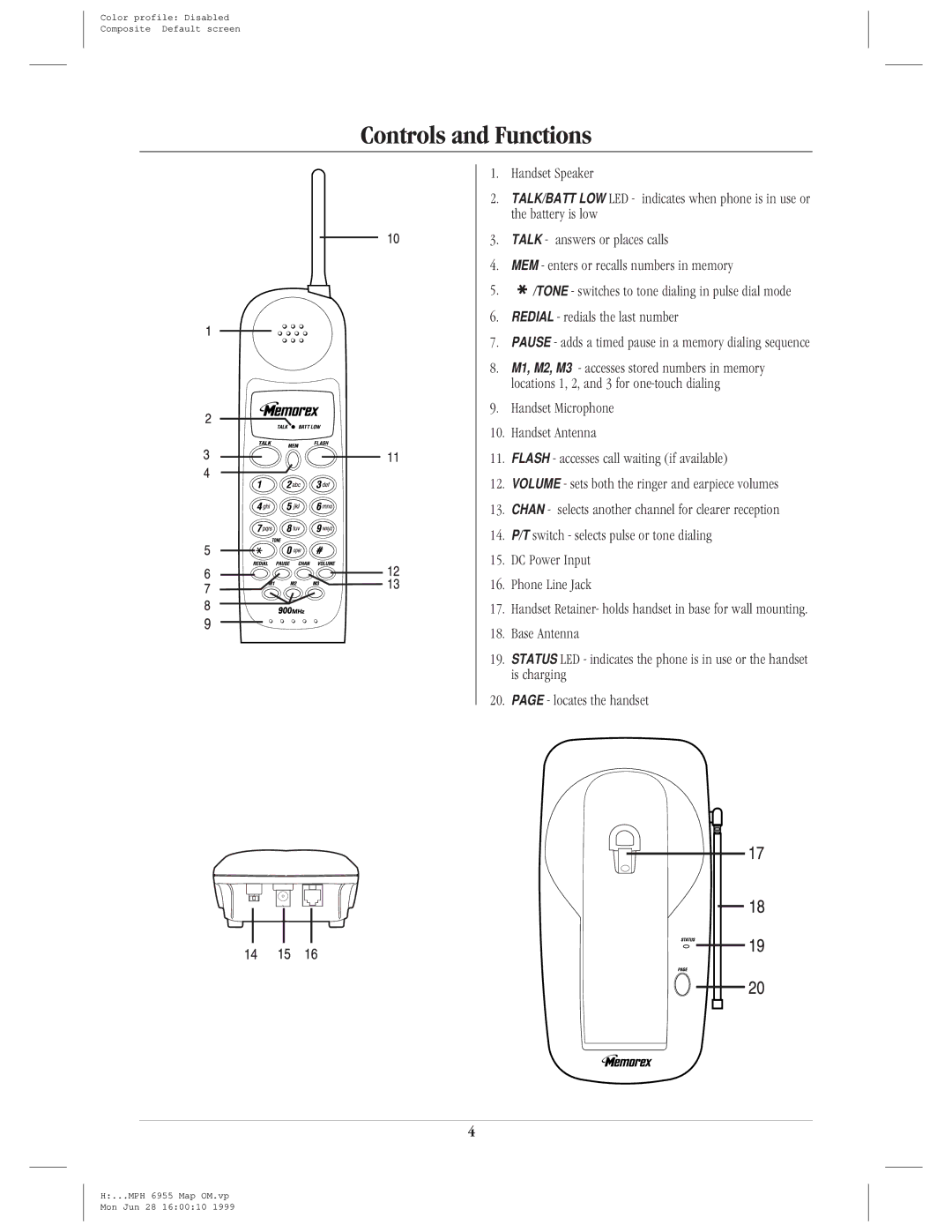 Memorex mph 6955 manual Controls and Functions 