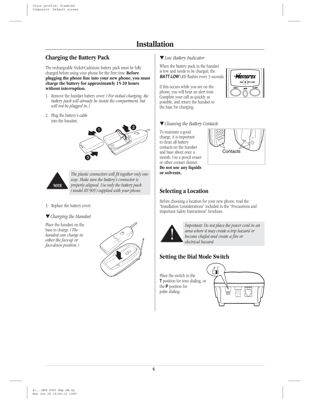 Memorex mph 6955 manual Installation, Charging the Battery Pack, Selecting a Location, Setting the Dial Mode Switch 