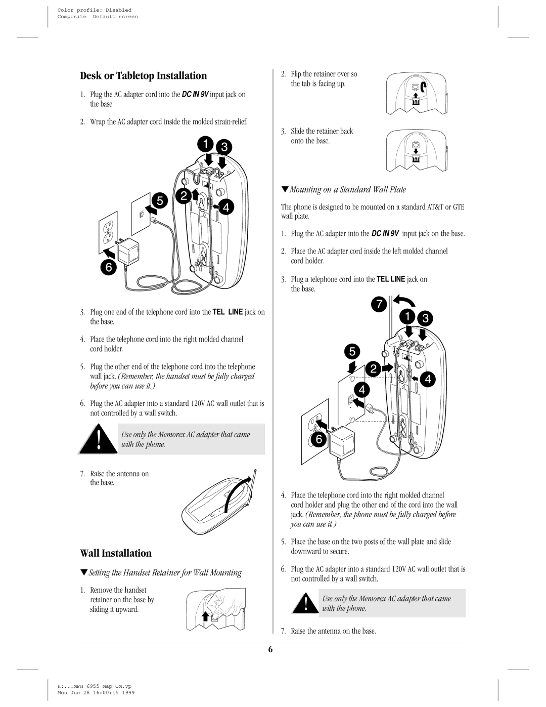 Memorex mph 6955 manual Desk or Tabletop Installation, Wall Installation, Mounting on a Standard Wall Plate, With the phone 