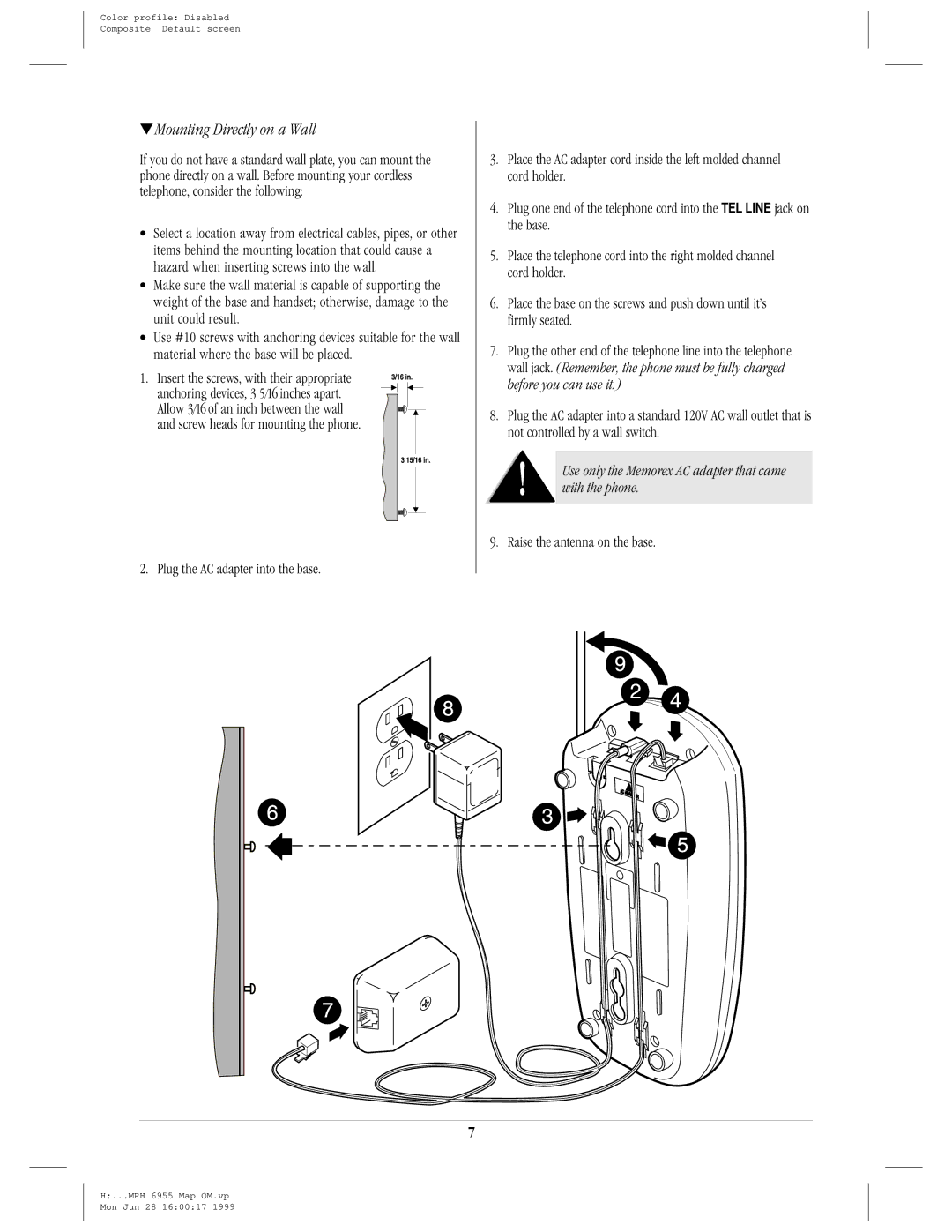 Memorex mph 6955 manual Mounting Directly on a Wall 