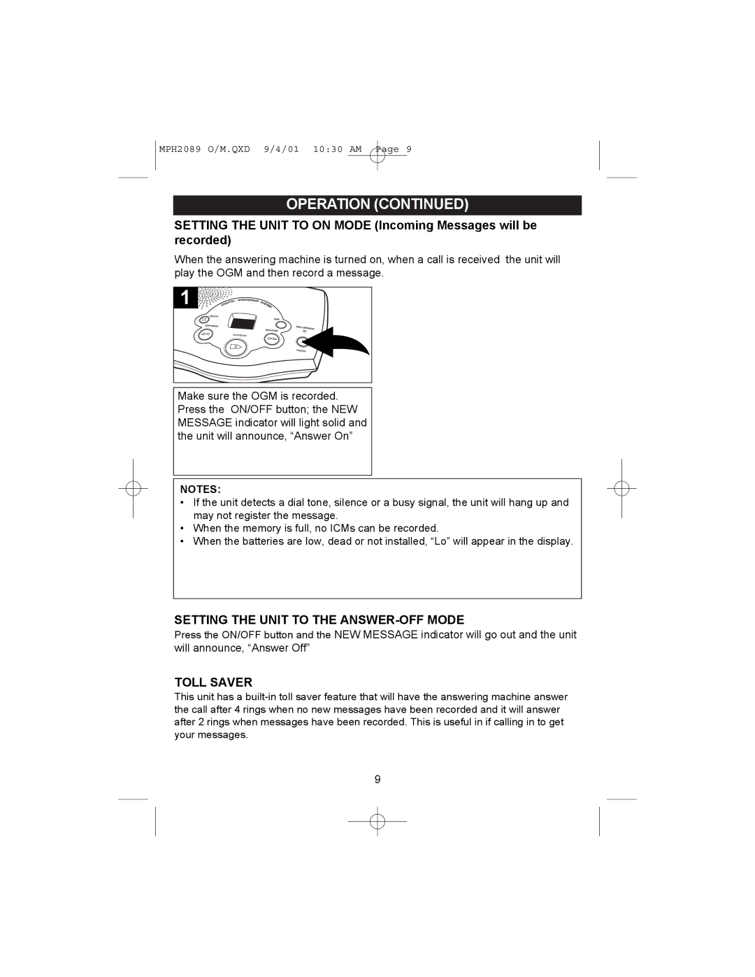 Memorex MPH2089 operating instructions Setting the Unit to the ANSWER-OFF Mode, Toll Saver 