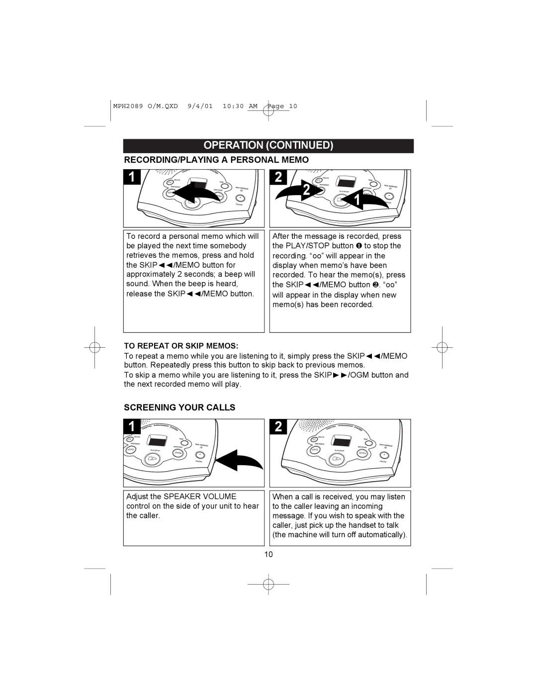 Memorex MPH2089 operating instructions RECORDING/PLAYING a Personal Memo, Screening Your Calls 