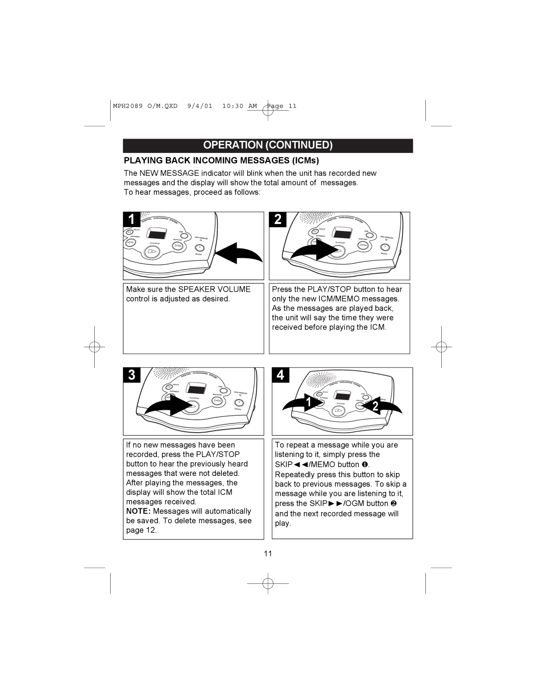 Memorex MPH2089 operating instructions Playing Back Incoming Messages ICMs 