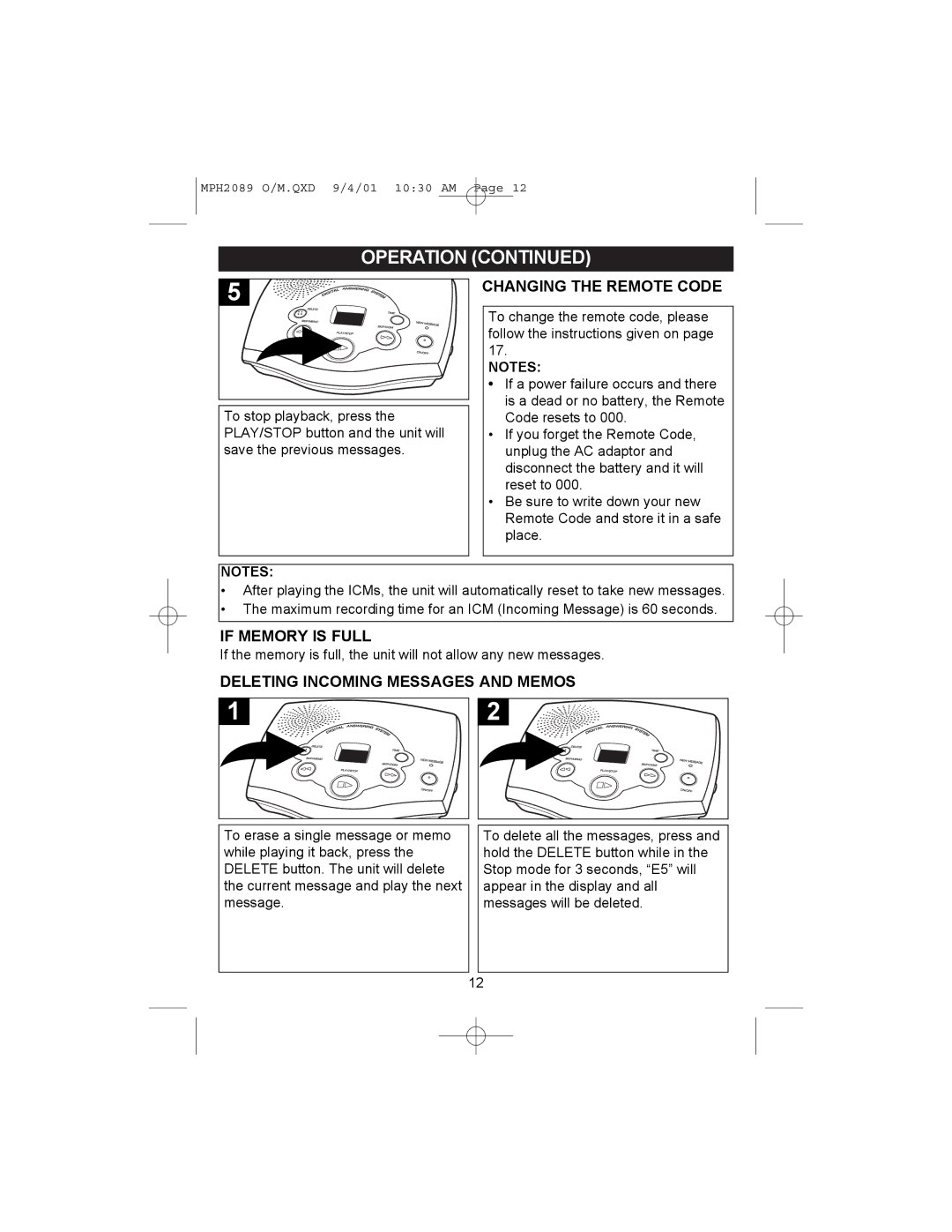 Memorex MPH2089 operating instructions Changing the Remote Code, If Memory is Full, Deleting Incoming Messages and Memos 