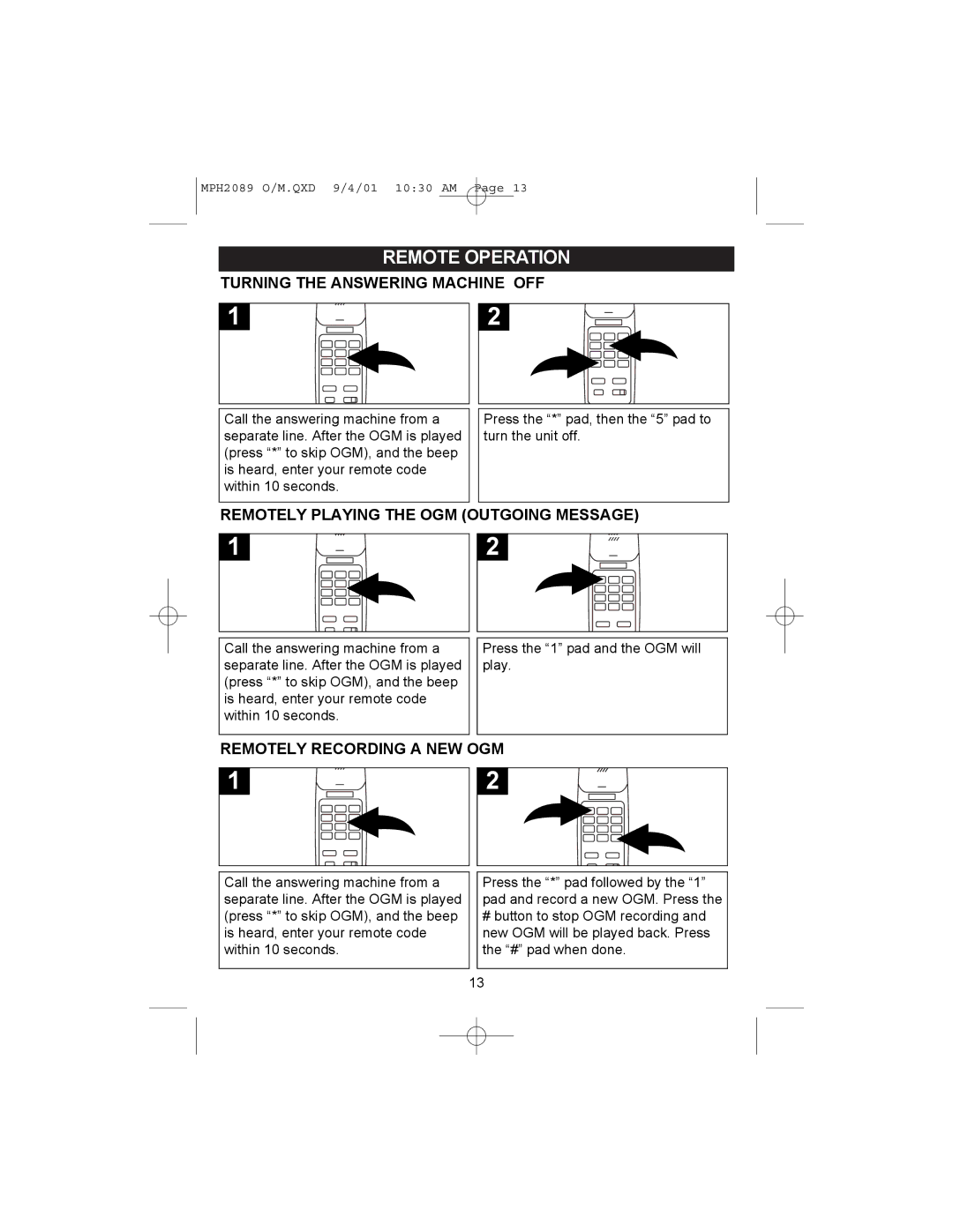 Memorex MPH2089 Remote Operation, Turning the Answering Machine OFF, Remotely Playing the OGM Outgoing Message 
