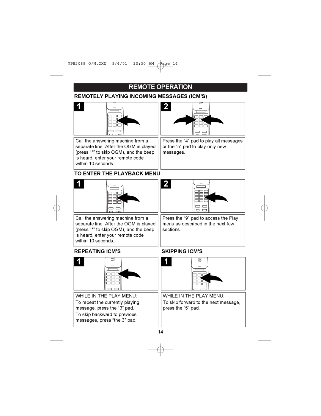 Memorex MPH2089 Remotely Playing Incoming Messages ICM’S, To Enter the Playback Menu, Repeating ICM’S Skipping ICM’S 