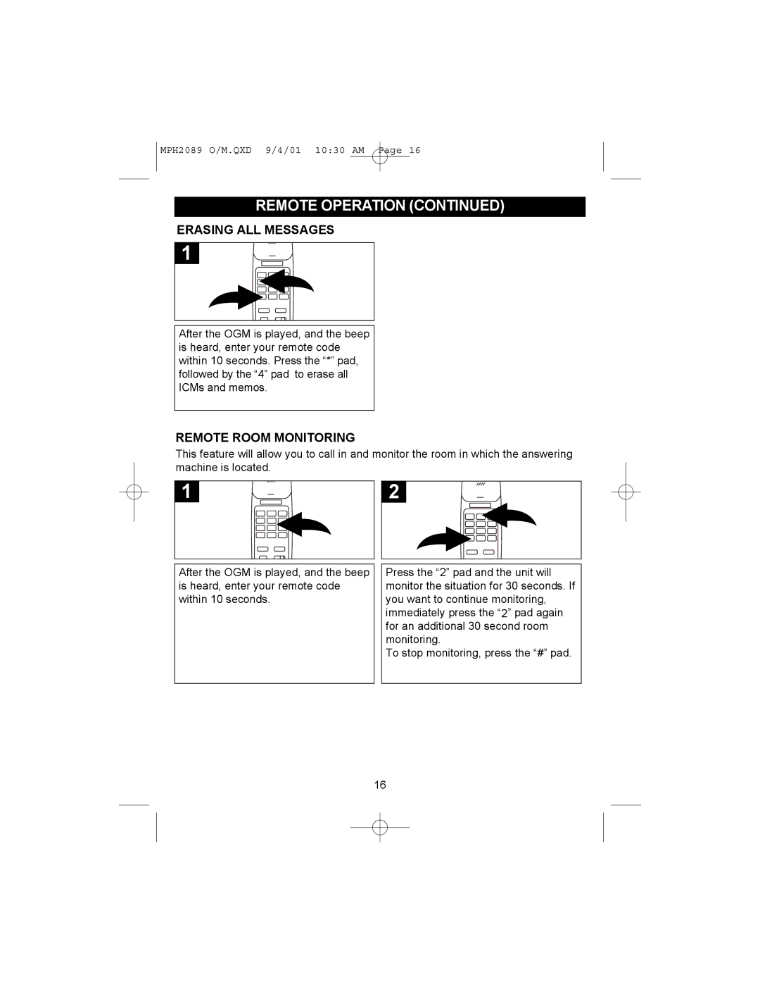 Memorex MPH2089 operating instructions Erasing ALL Messages, Remote Room Monitoring 