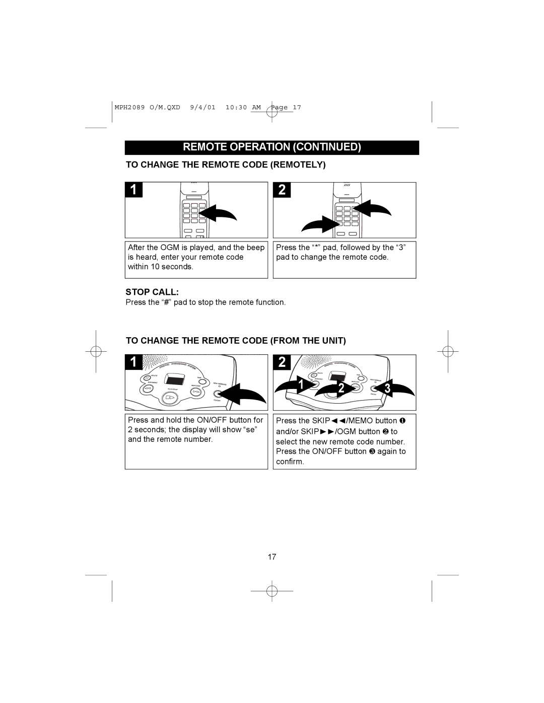 Memorex MPH2089 To Change the Remote Code Remotely, Stop Call, To Change the Remote Code from the Unit 