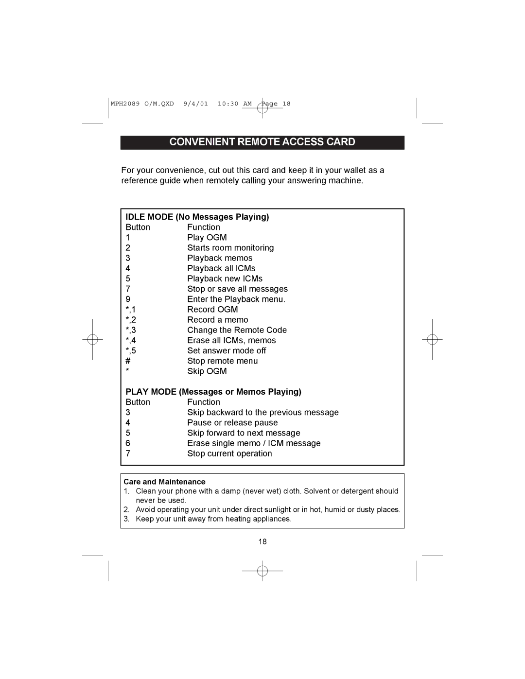 Memorex MPH2089 operating instructions Convenient Remote Access Card, Idle Mode No Messages Playing 