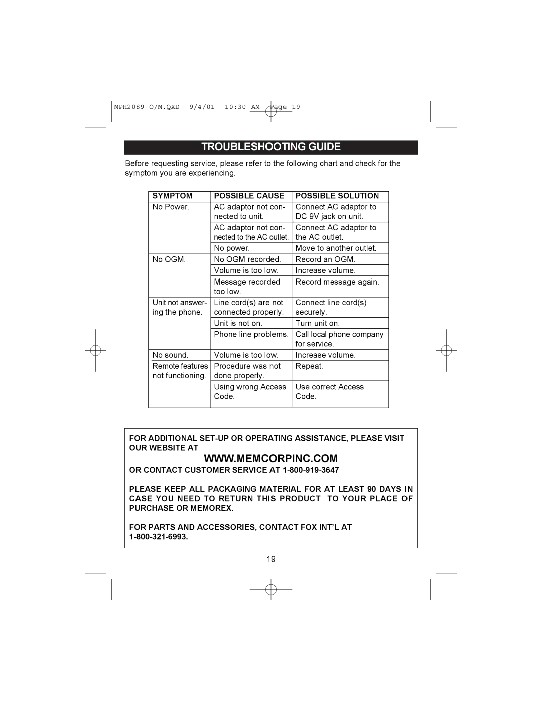 Memorex MPH2089 operating instructions Troubleshooting Guide, Symptom Possible Cause Possible Solution 