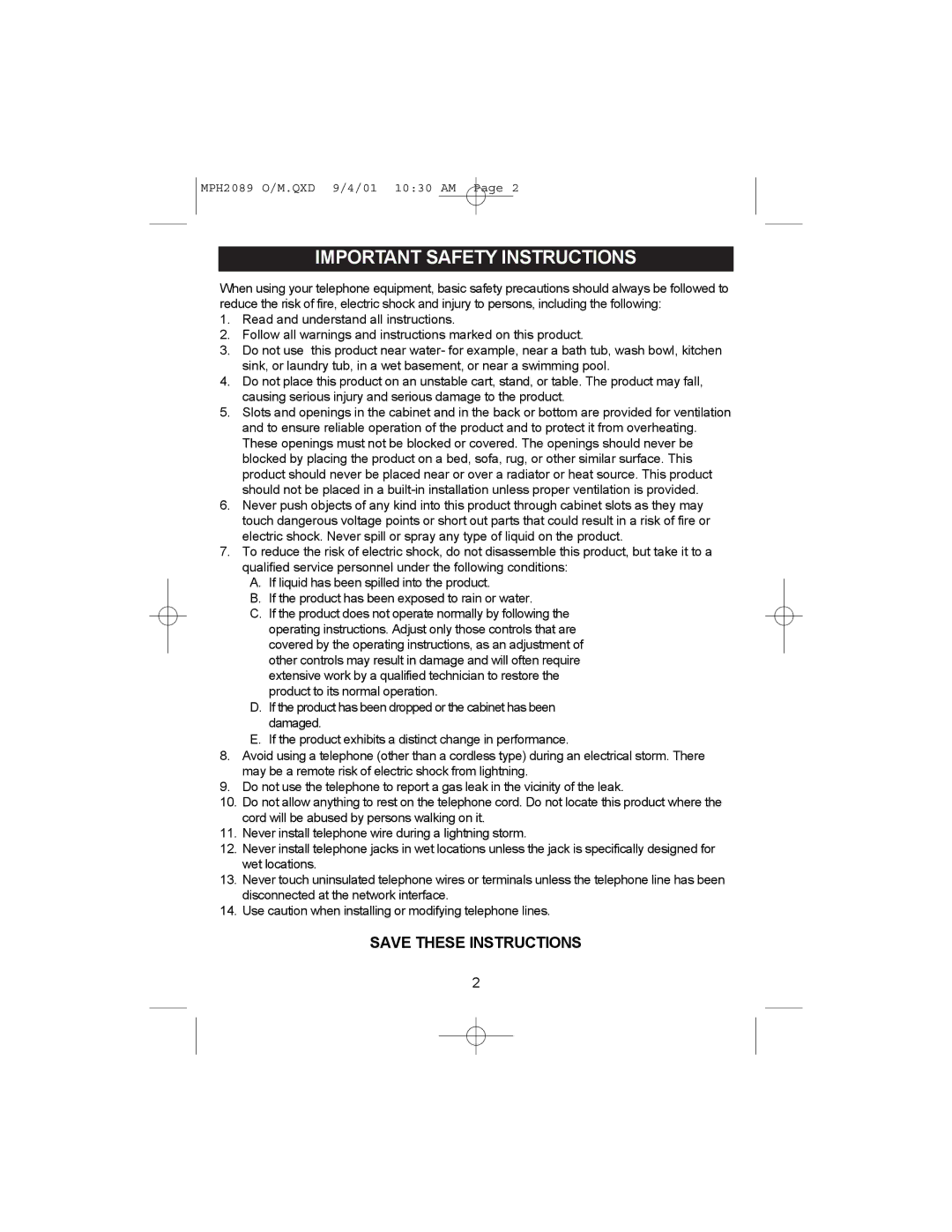 Memorex MPH2089 operating instructions Important Safety Instructions 