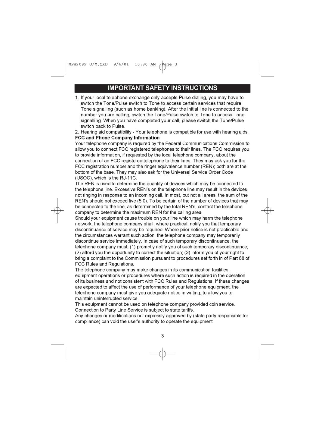 Memorex MPH2089 operating instructions FCC and Phone Company Information 