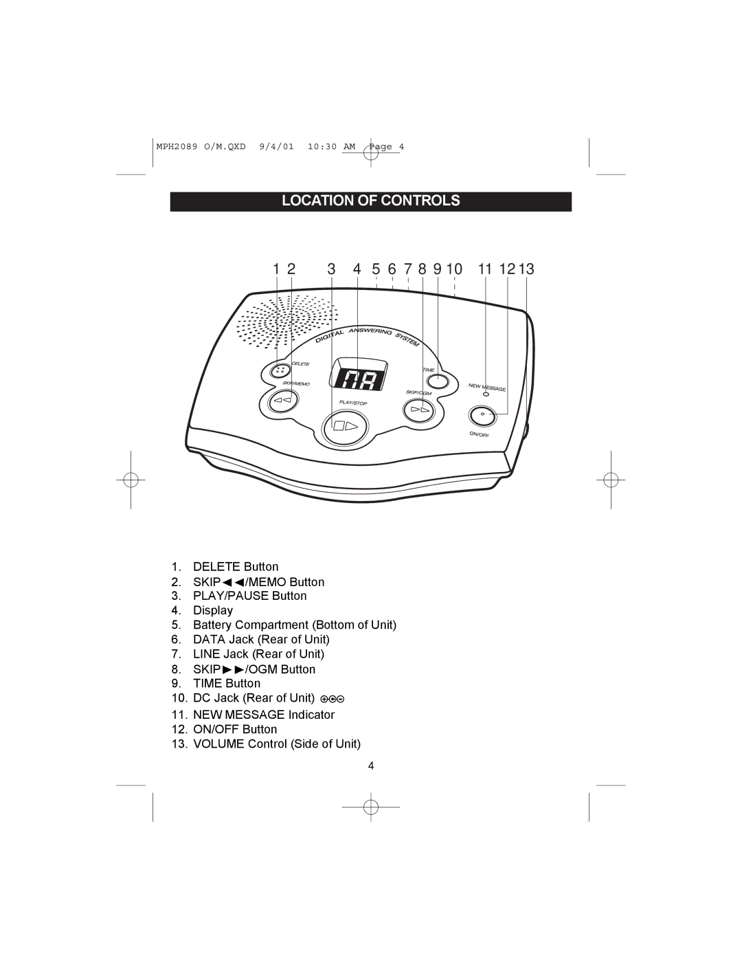 Memorex MPH2089 operating instructions 7 8 9 11 12, Location of Controls 