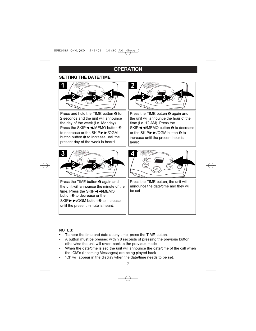 Memorex MPH2089 operating instructions Operation, Setting the DATE/TIME 