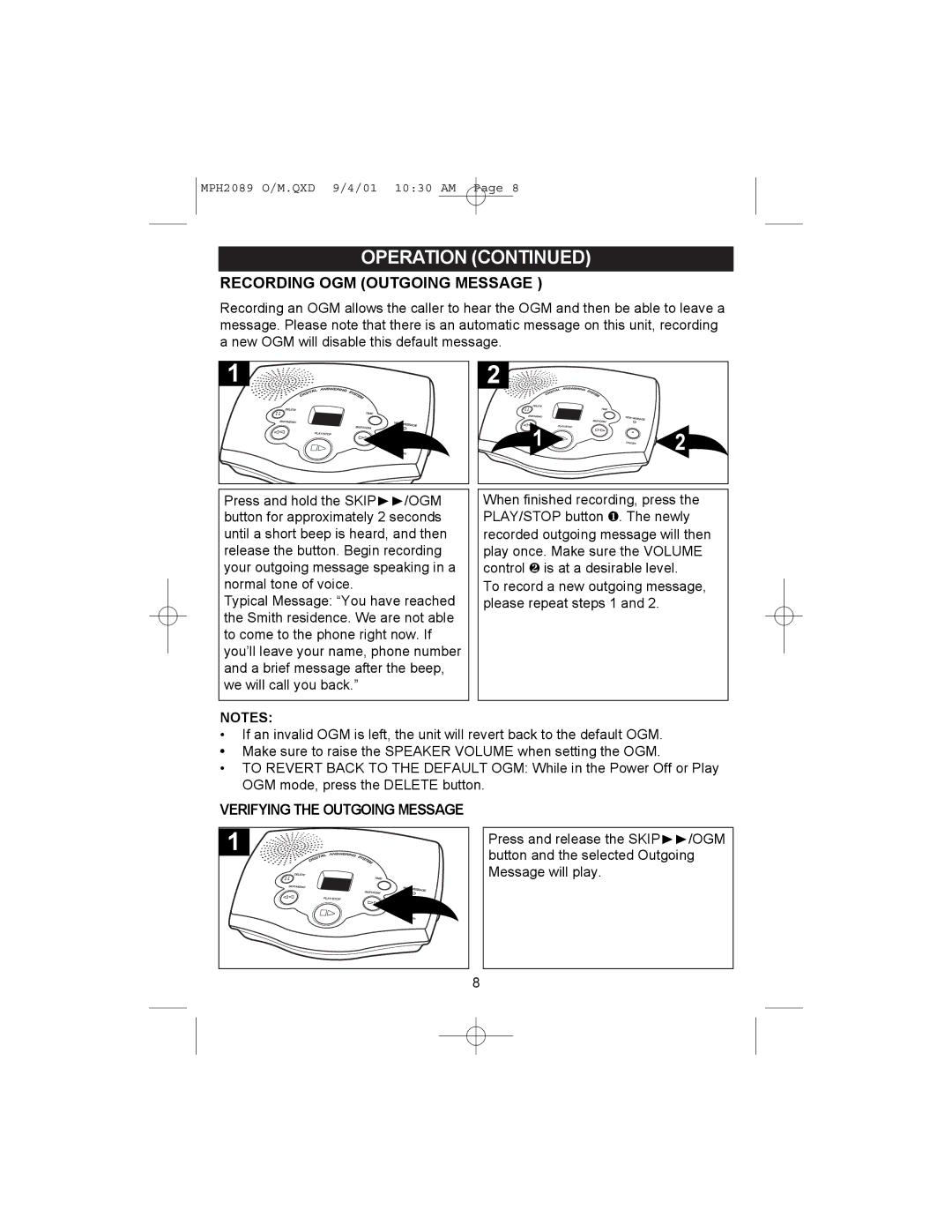 Memorex MPH2089 operating instructions Recording OGM Outgoing Message, Verifying the Outgoing Message 