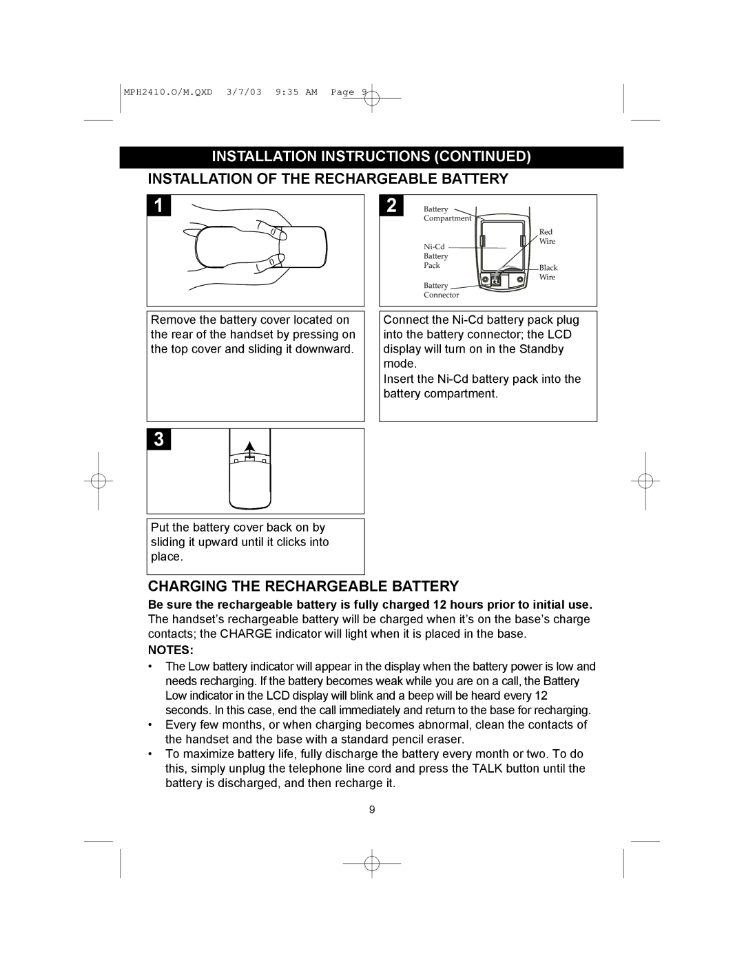 Memorex MPH2410 operating instructions Installation of the Rechargeable Battery, Charging the Rechargeable Battery 