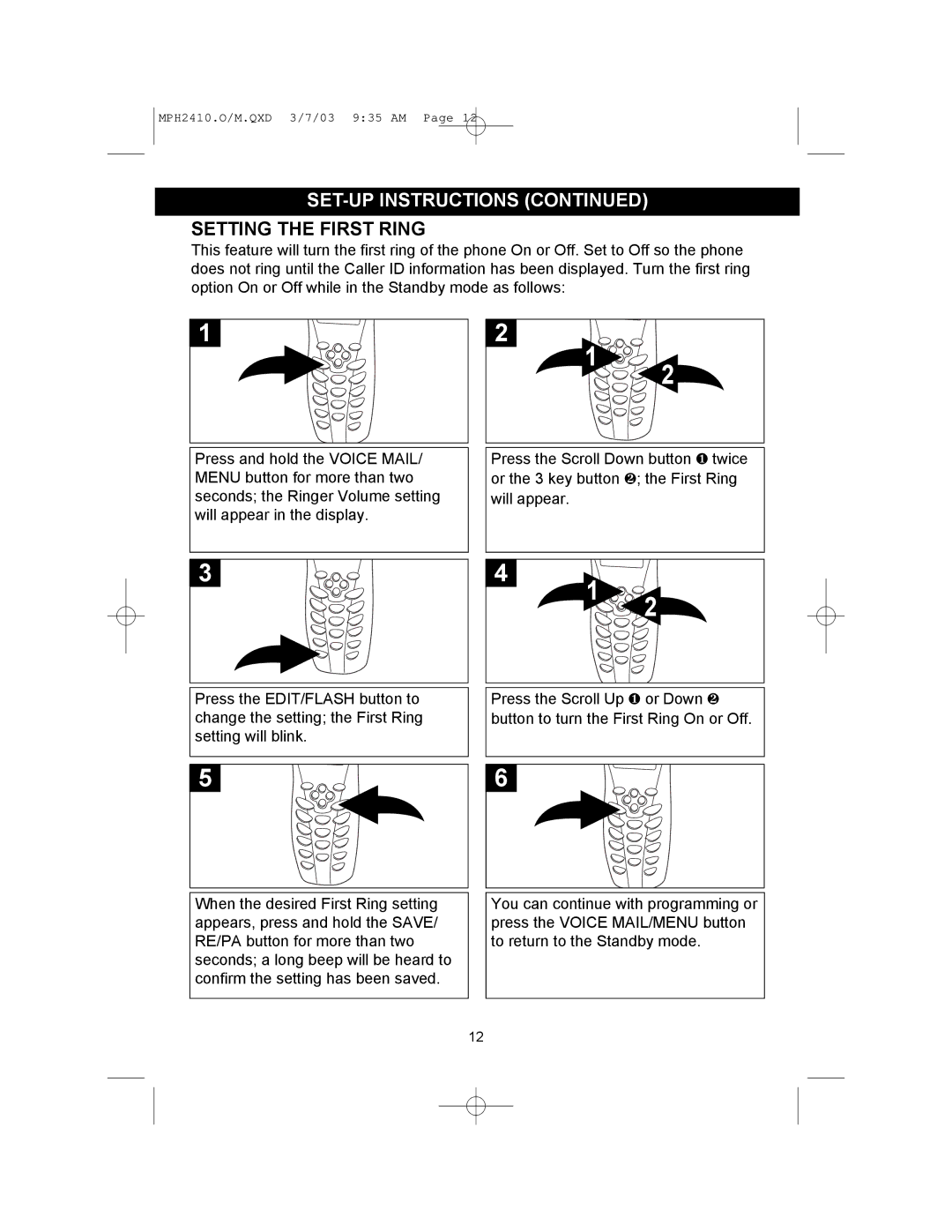 Memorex MPH2410 operating instructions Setting the First Ring 