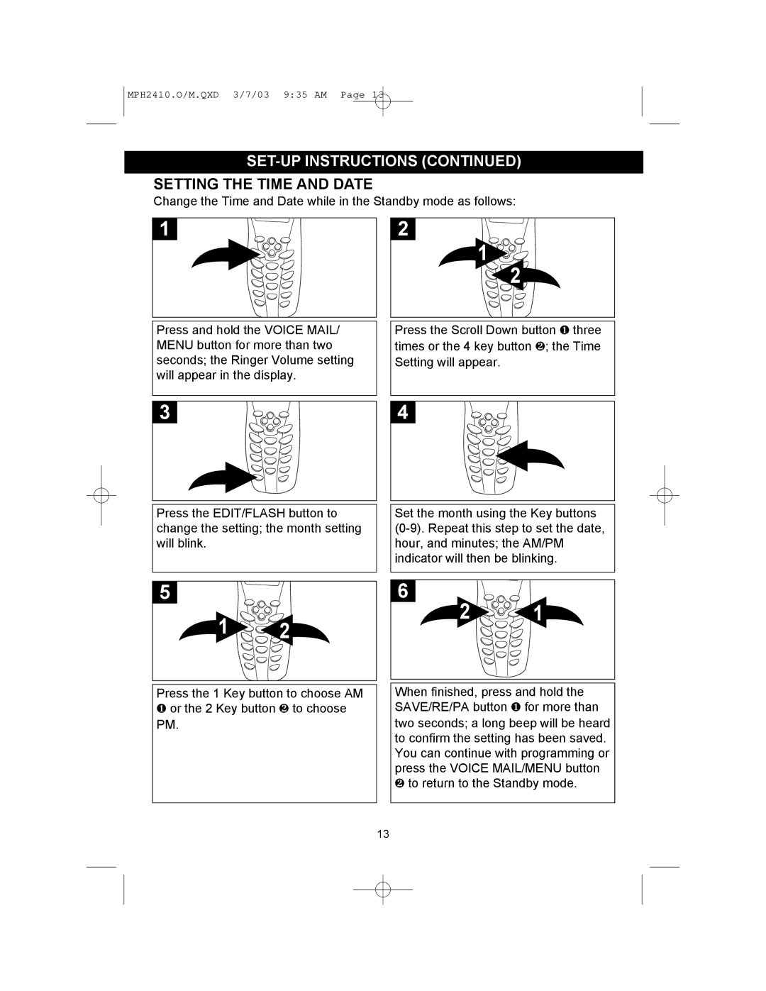 Memorex MPH2410 operating instructions Setting the Time and Date 