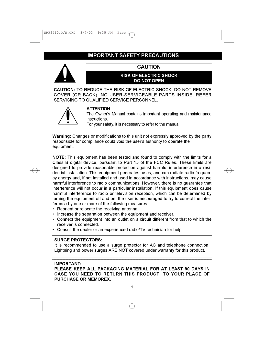 Memorex MPH2410 operating instructions Important Safety Precautions, Risk of Electric Shock Do not Open 