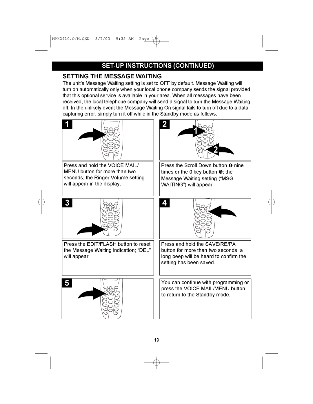 Memorex MPH2410 operating instructions Setting the Message Waiting 