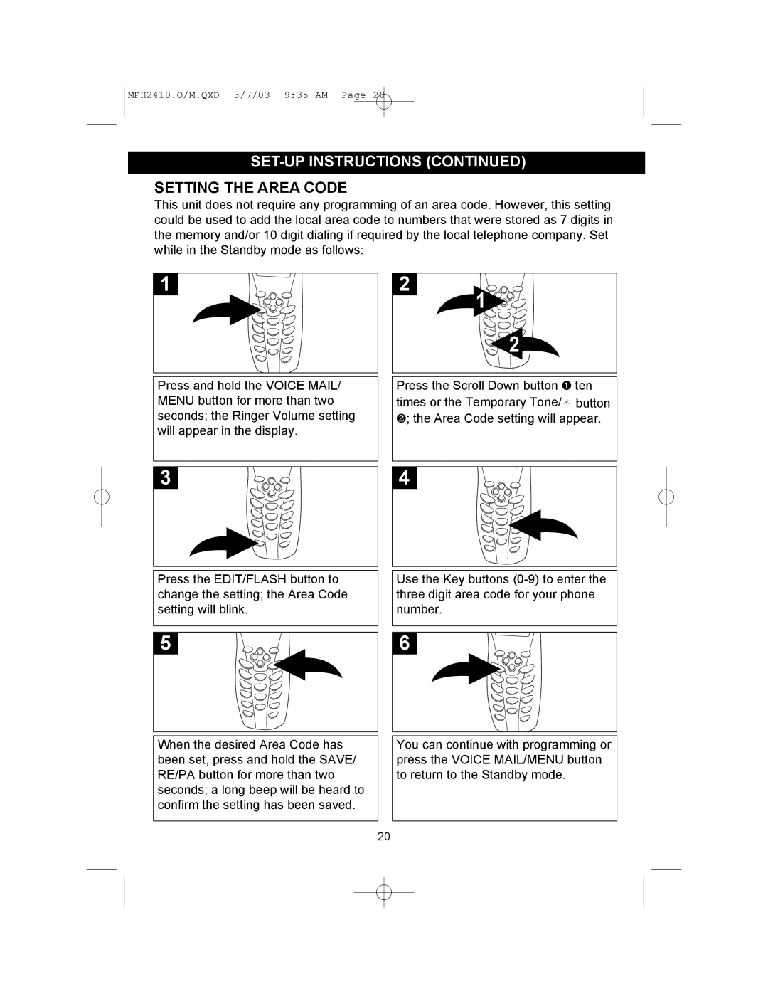 Memorex MPH2410 operating instructions Setting the Area Code 