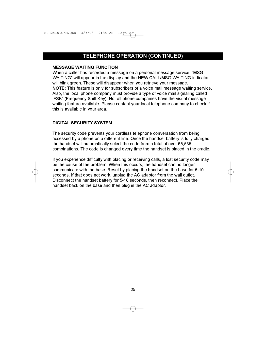 Memorex MPH2410 operating instructions Message Waiting Function 