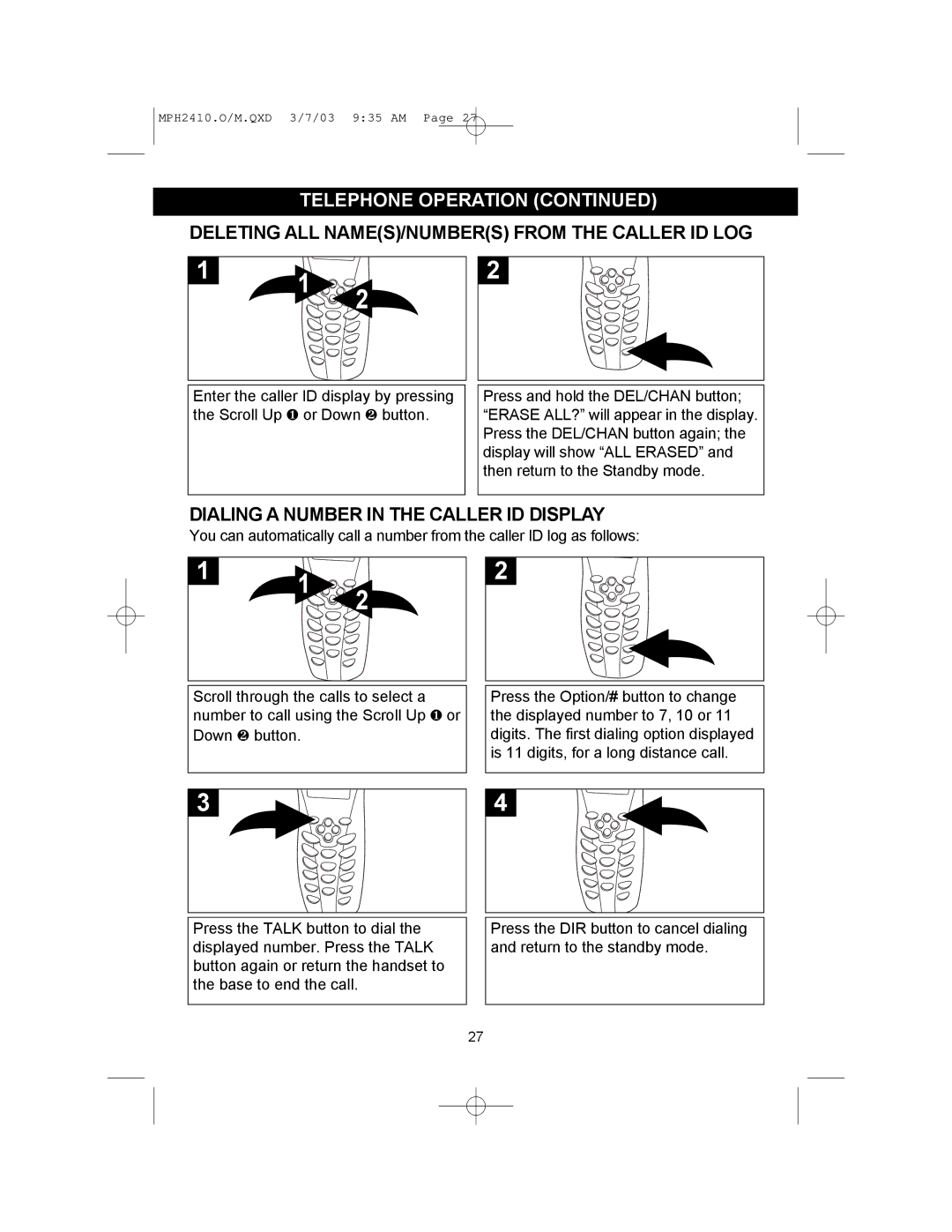 Memorex MPH2410 Deleting ALL NAMES/NUMBERS from the Caller ID LOG, Dialing a Number in the Caller ID Display 