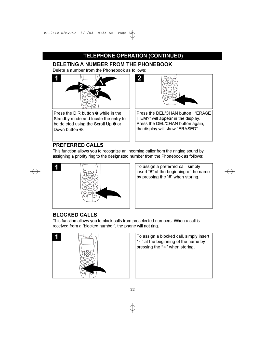 Memorex MPH2410 operating instructions Deleting a Number from the Phonebook, Preferred Calls, Blocked Calls 