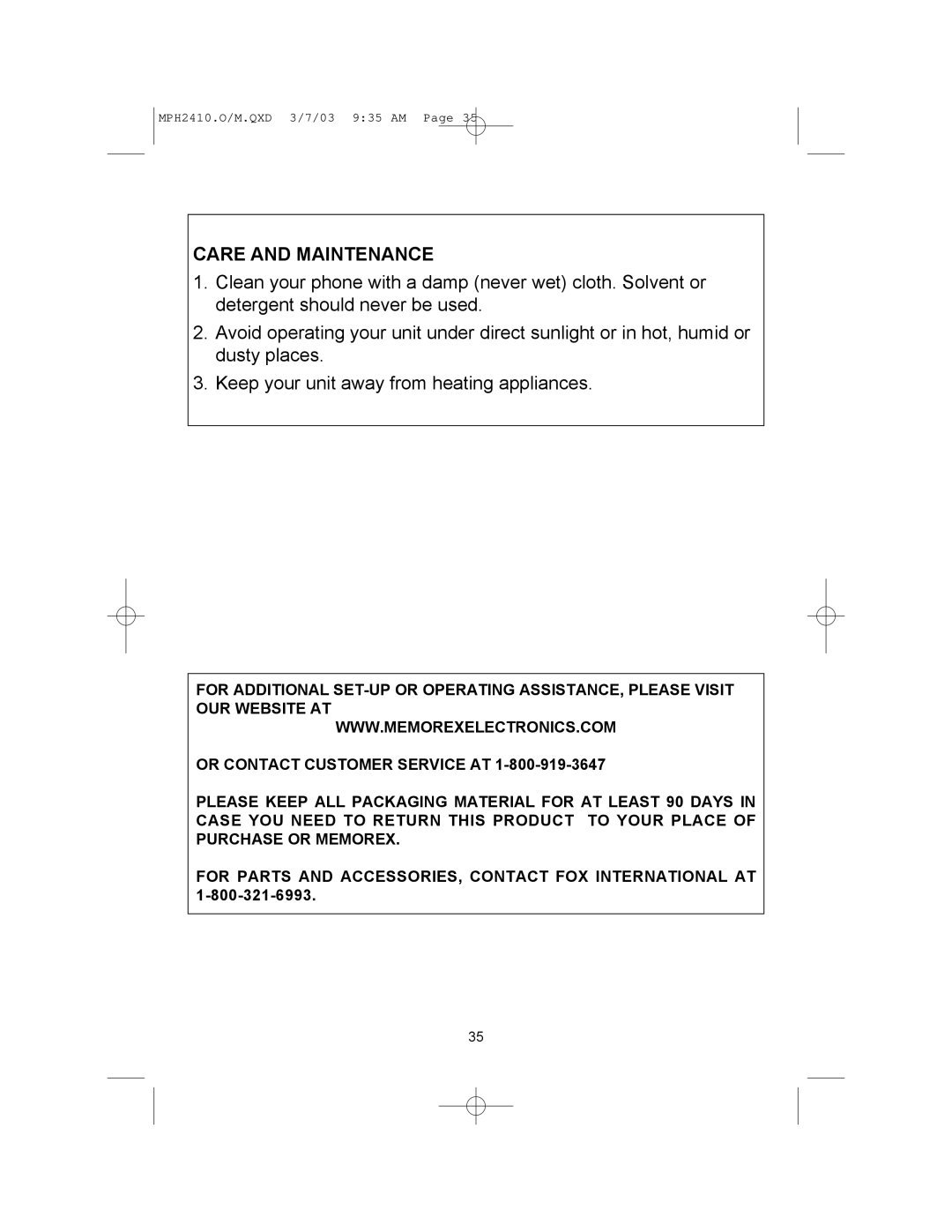 Memorex MPH2410 operating instructions Care and Maintenance 