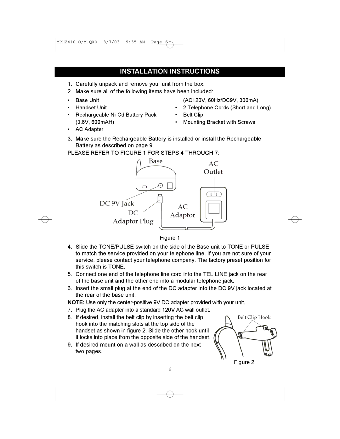 Memorex MPH2410 operating instructions Installation Instructions, DC 9V Jack 